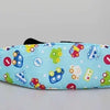 A colorful baby head and neck support pillow featuring various stuffed animal shapes for stroller or car seat use.