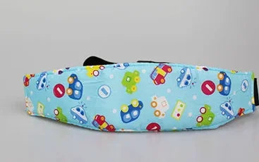 A colorful baby head and neck support pillow featuring various stuffed animal shapes for stroller or car seat use.