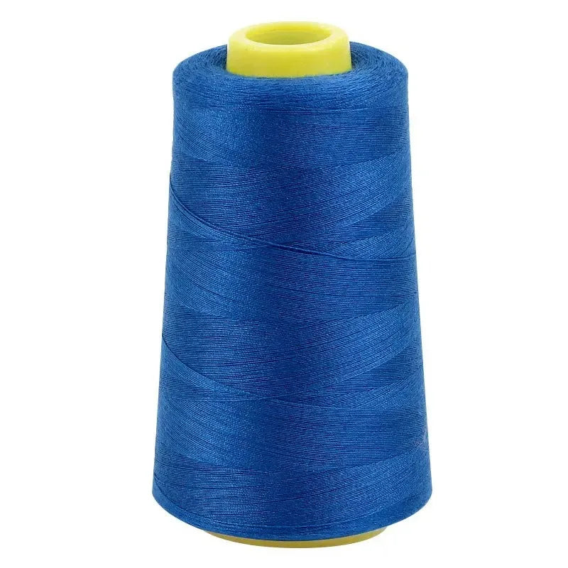 A roll of blue sewing thread with a yellow core.