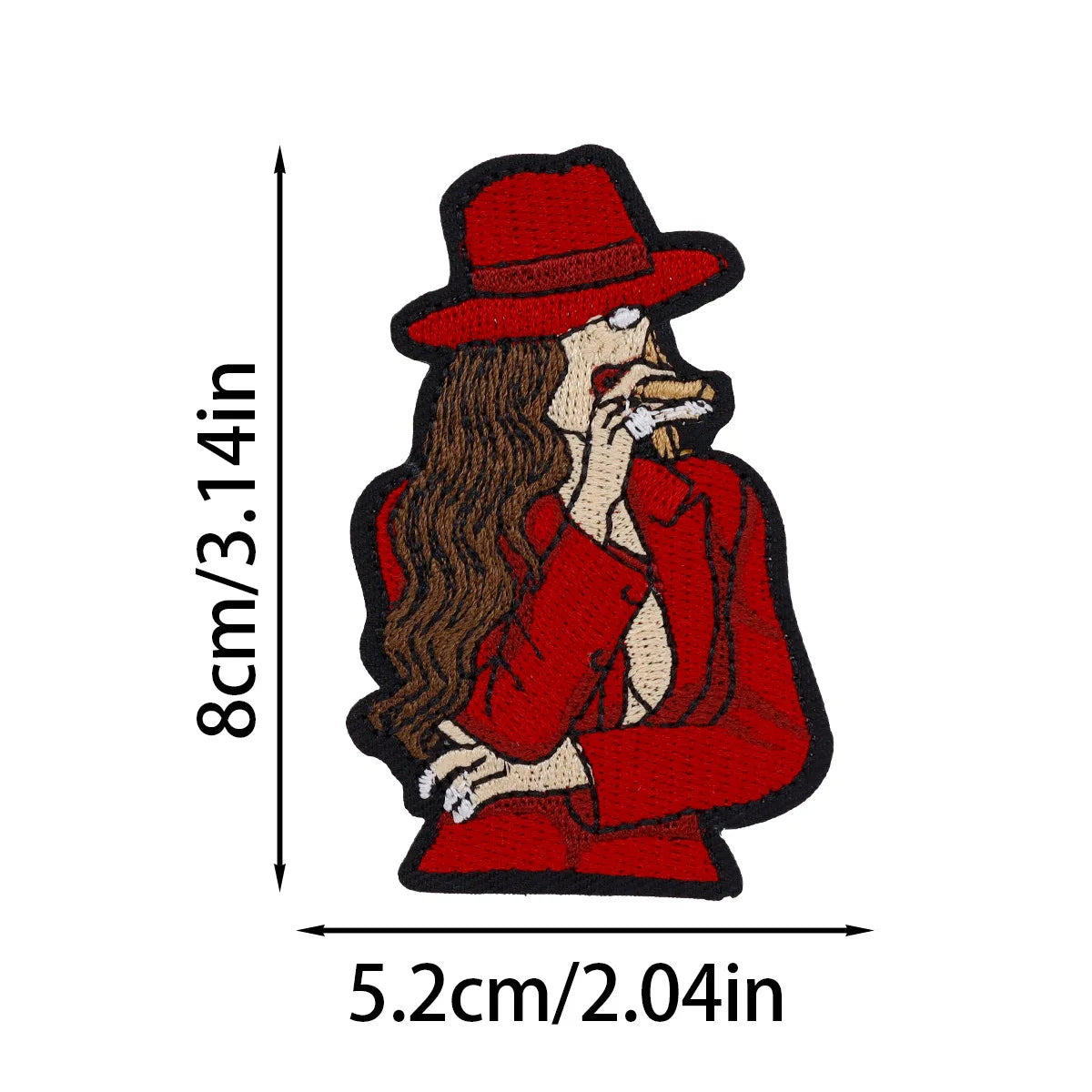 A red felted cartoon patch of a woman with long brown hair wearing a red hat and holding food.