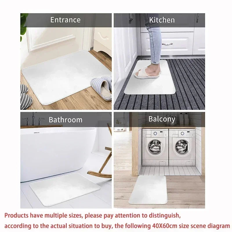 Scene diagram showing placement of a cream tie-dye shaggy rug in various rooms including entrance, kitchen, bathroom, and bal