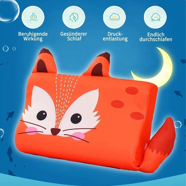 An orange fox-shaped memory foam neck pillow for toddlers with sleep benefits listed above it.