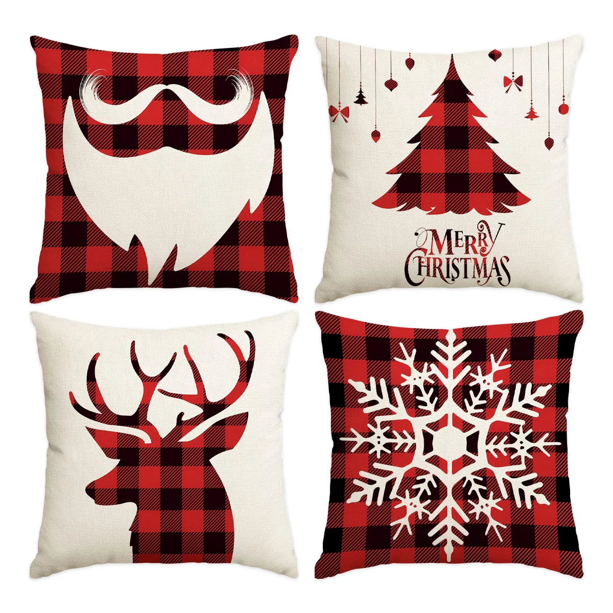 A set of four Christmas themed pillows featuring a plaid design, a reindeer head, and a snowflake pattern.