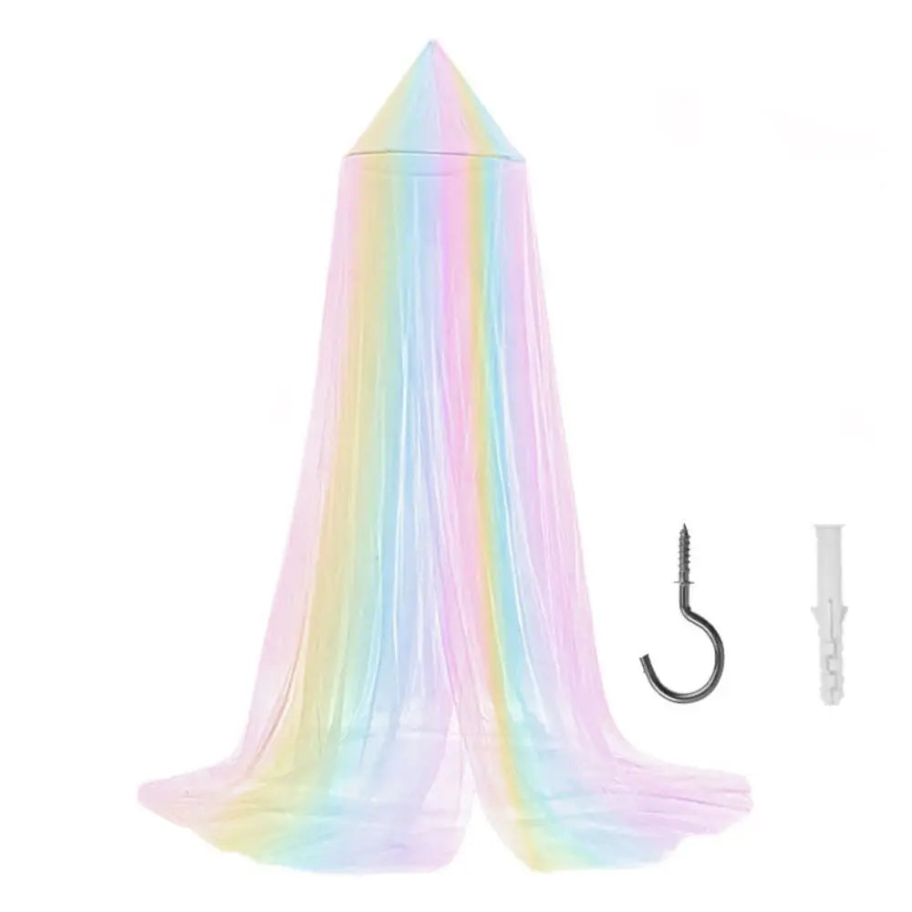 Rainbow mesh mosquito netting canopy with a tapered top and hanging fabric.