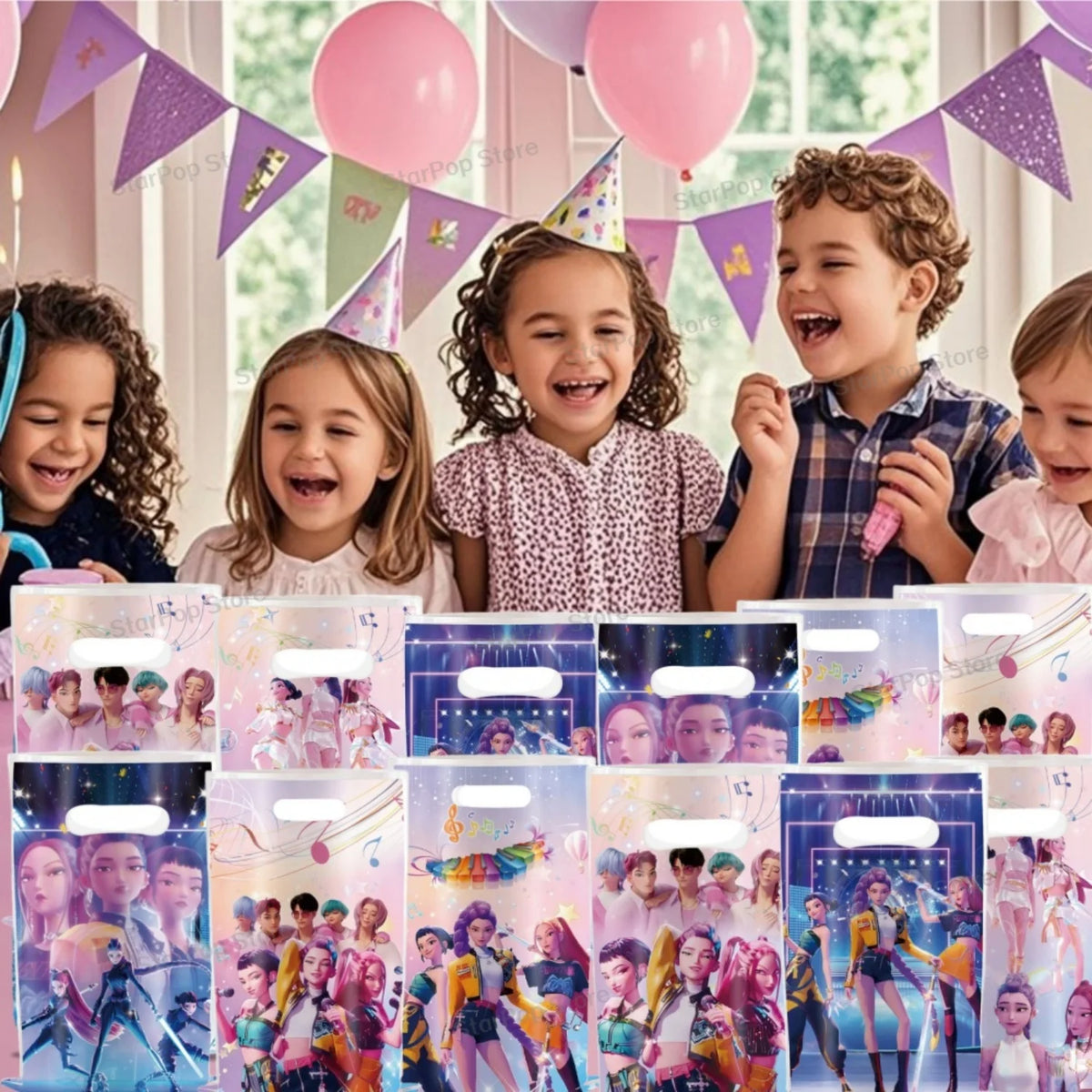 A collection of colorful cartoon paper gift bags featuring characters and designs for parties and small treats.