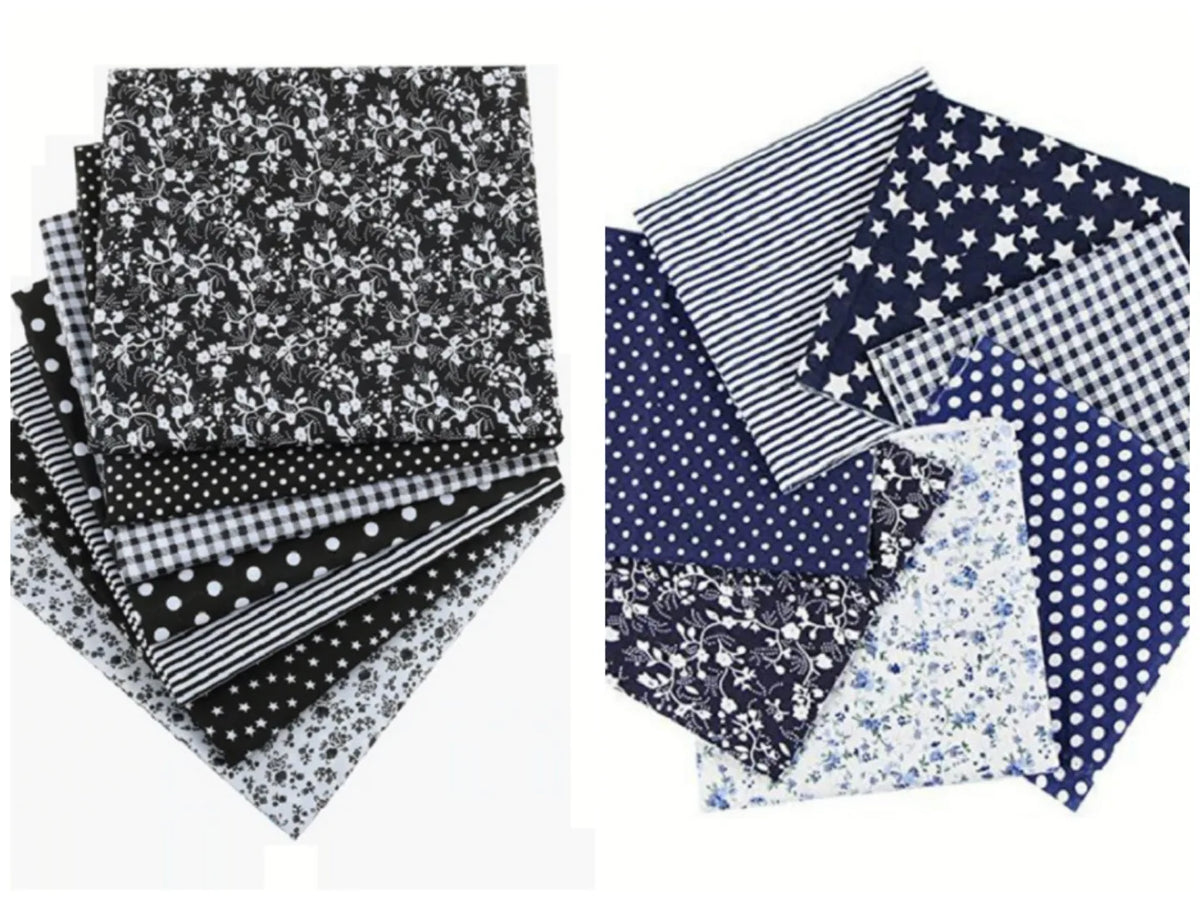 A collection of patterned cotton fabric squares featuring floral, dot, stripe, and star designs in black, white, and blue.