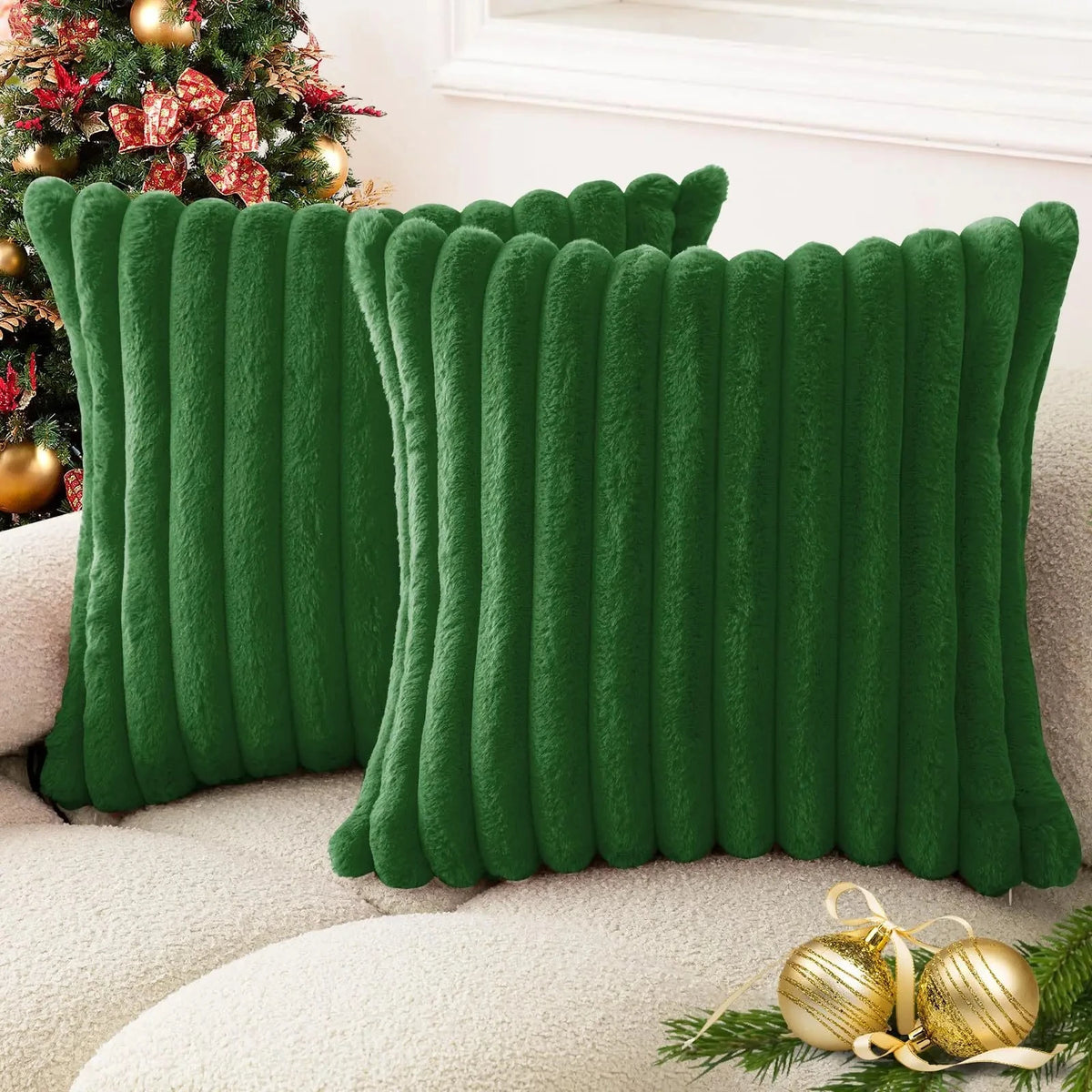 A dark green faux rabbit fur cushion cover with vertical pleats resting on a light-colored sofa.
