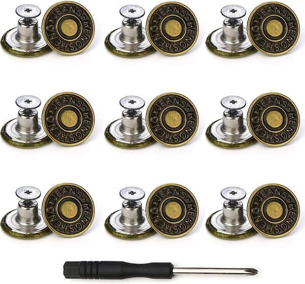 A collection of replacement metal buttons in various sizes and finishes for denim and clothing.