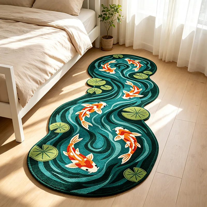 A teal rug featuring an artistic design of orange koi fish and green lotus leaves on a light wooden floor.