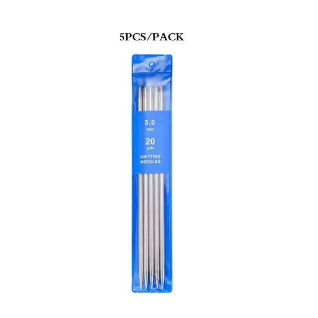 A pack of five stainless steel double-pointed knitting needles with 5.0 mm size and 20 cm length.