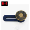 A dark blue metal button extender with a round brass button featuring the text JEANS HENSHENG.