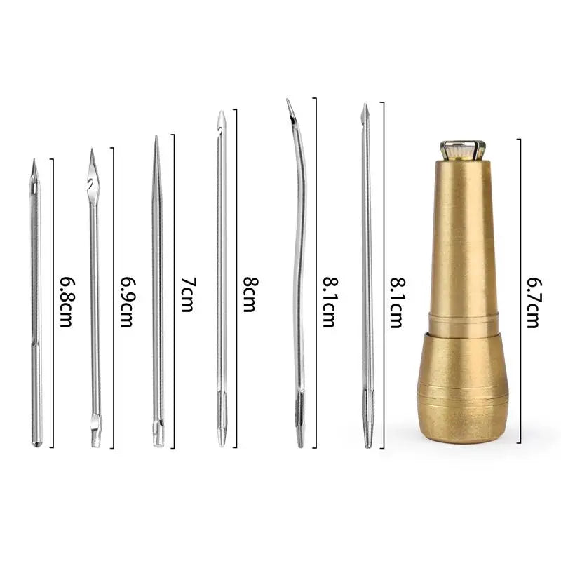 A set of leather sewing awls and stitching tools shown with various sizes and a gold-colored tool holder.