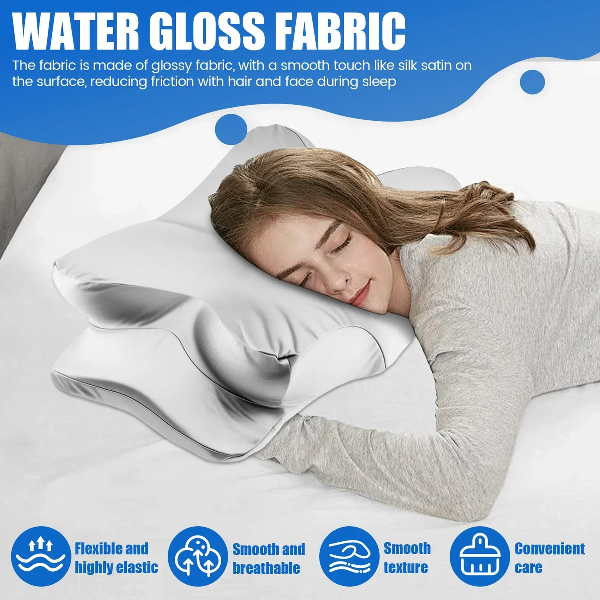 A woman sleeping comfortably with a white water gloss fabric pillow on a bed.
