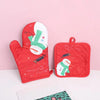 Red insulated oven mitts featuring a white snowman and Christmas design on a pink background.