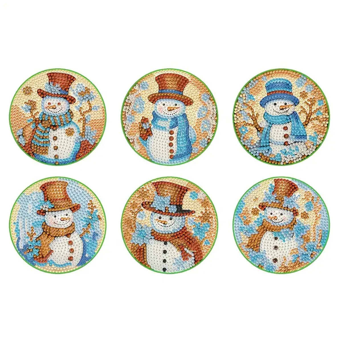 A set of six handmade holiday diamond art coasters featuring festive snowman designs in blue, white, and gold.