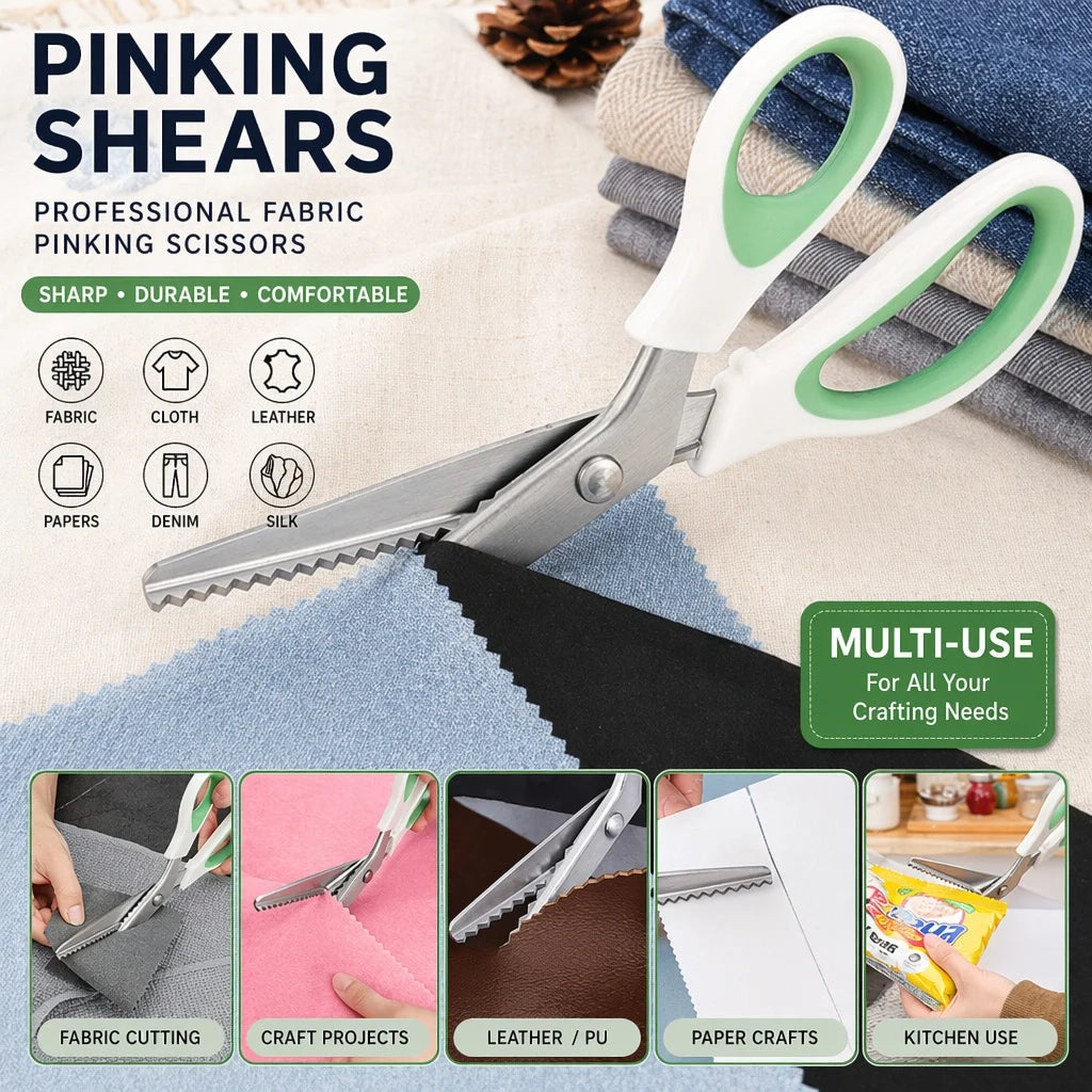 A pair of professional pinking shears with a white and green ergonomic grip shown next to various fabric and craft materials.