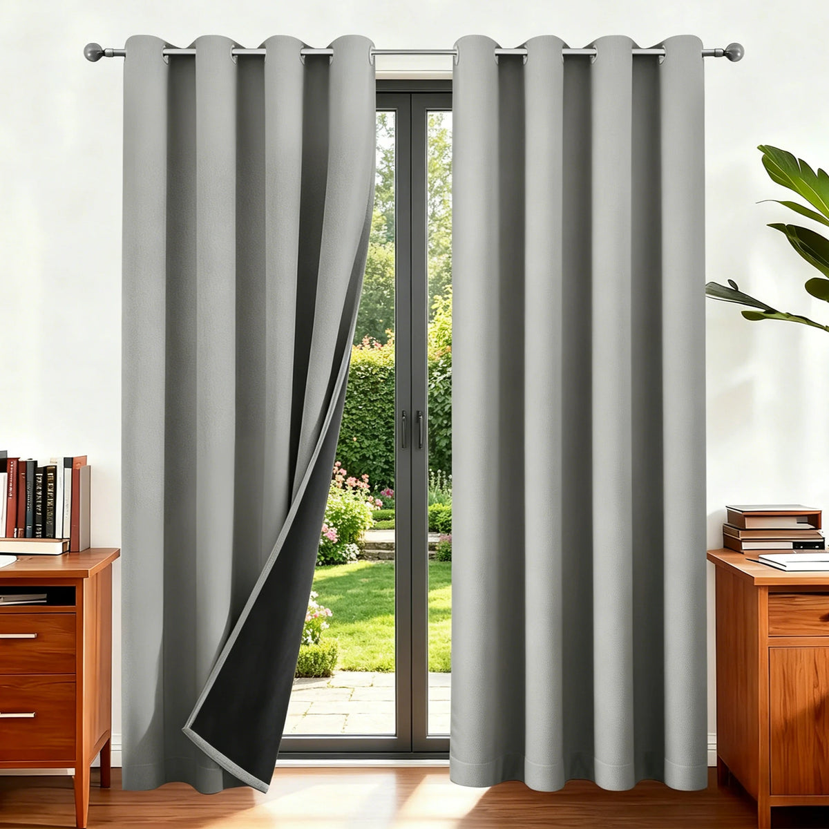 Gray thermal insulated blackout curtains hanging in a doorway with a green garden view