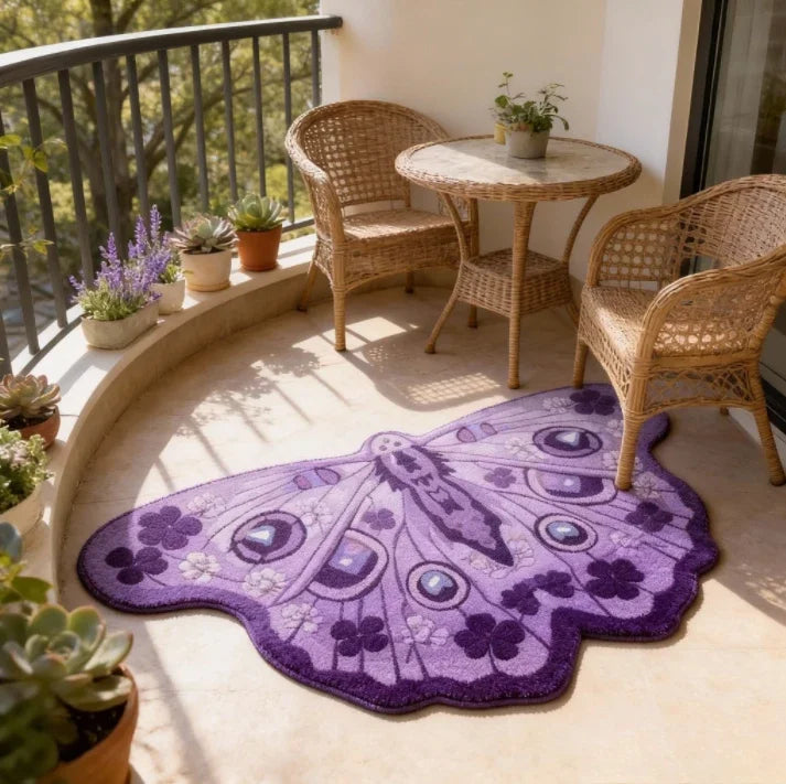 A purple irregular shaped plush floor rug is placed on a light-colored floor next to wicker chairs and a railing.
