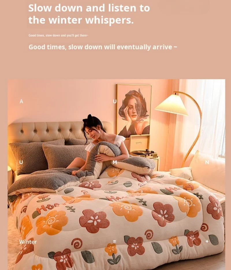 A woman is relaxing on a bed covered with a patterned blanket in a bright room.