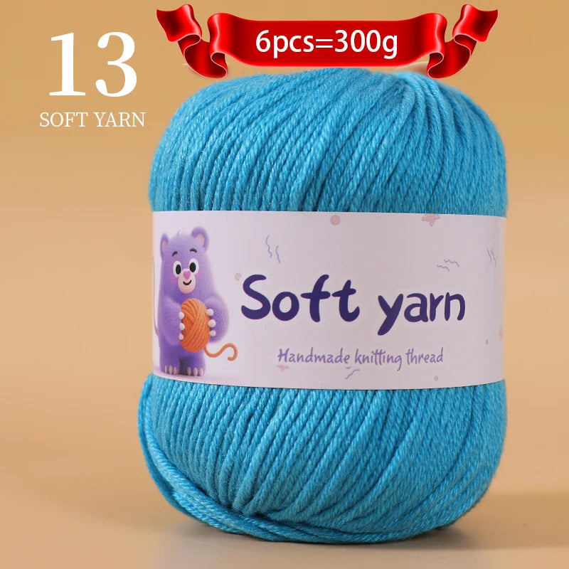 A ball of bright blue soft yarn labeled as 13 soft yarn, intended for handmade knitting thread.