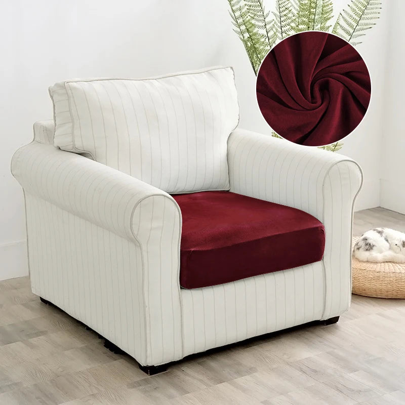 A white upholstered armchair with a deep burgundy velvet seat cover and a decorative green plant in the background.
