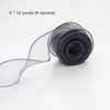A roll of sheer gray organza ribbon, measuring 4 times 10 yards (9 meters), shown unwound.