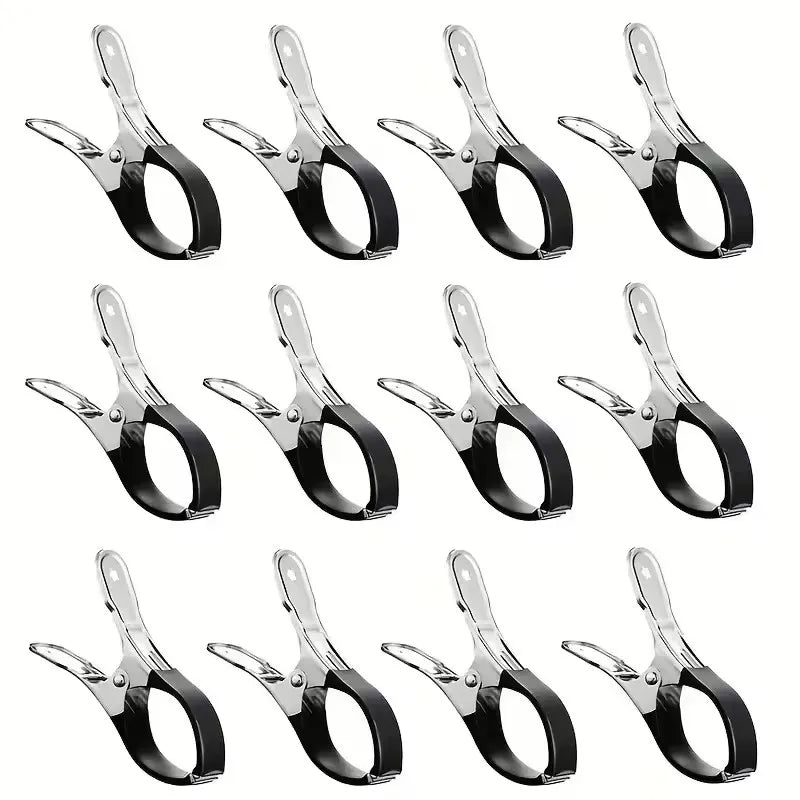 A set of six heavy-duty stainless steel pool cover clips for securing pool covers.