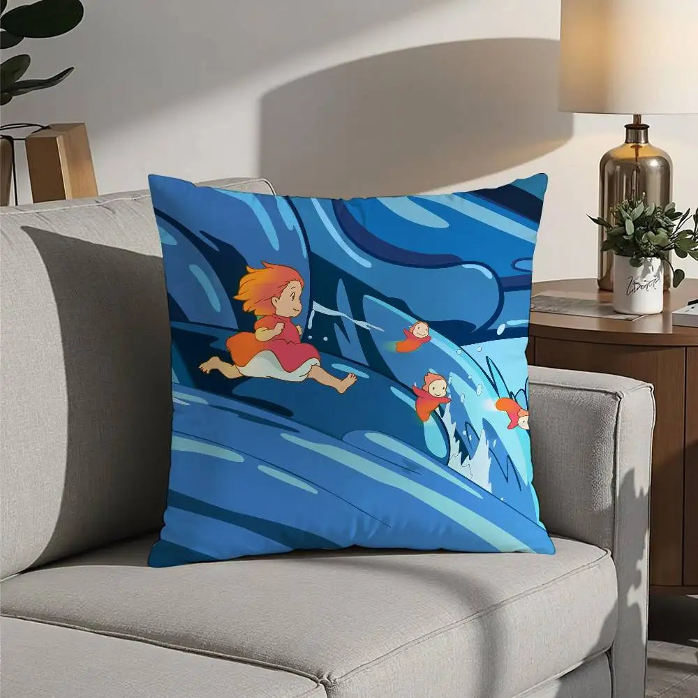 A decorative pillow cover featuring a cartoon character with orange hair flying through blue and white waves.