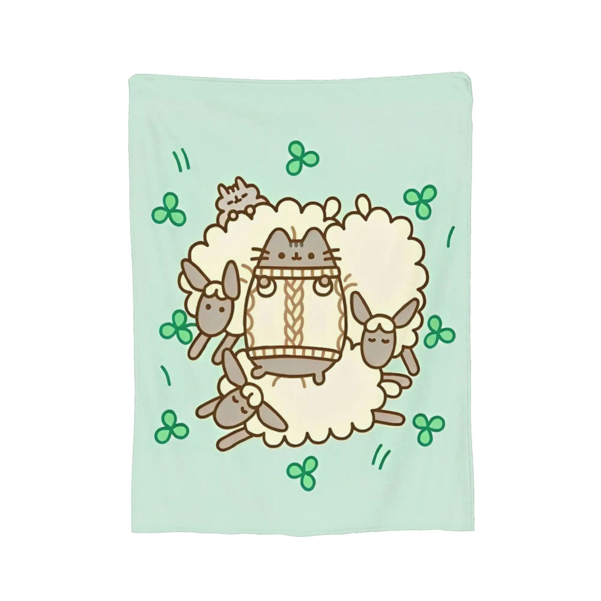 A light mint green throw blanket featuring a cream-colored illustration of a cat surrounded by small green leaves and other s
