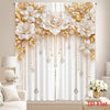 A pair of white floral pendant print curtains featuring gold accents and delicate chains.