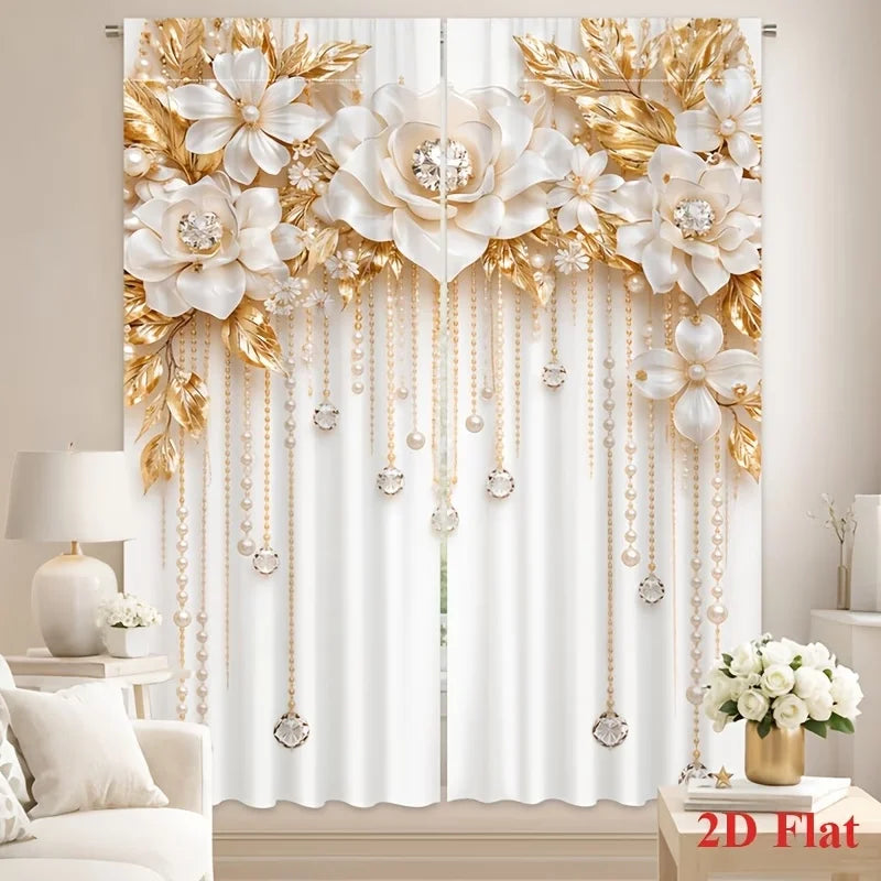 A pair of white floral pendant print curtains featuring gold accents and delicate chains.