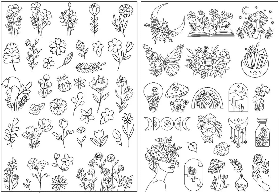 Black and white line art patterns for embroidery, including flowers, leaves, and natural elements.
