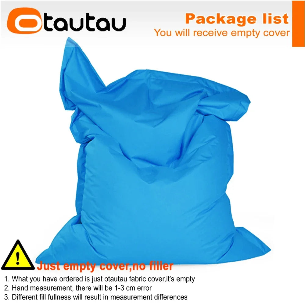 A bright blue empty bean bag cover is shown, emphasizing that the order includes only the fabric.
