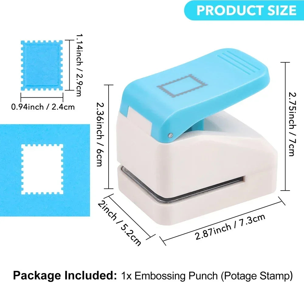 A light blue embossing punch tool set with a white stamp and various size measurements shown.