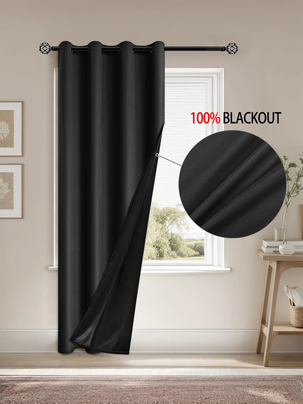 Blackout curtains hanging on a rod covering a window, shown with a circular cutout detail.