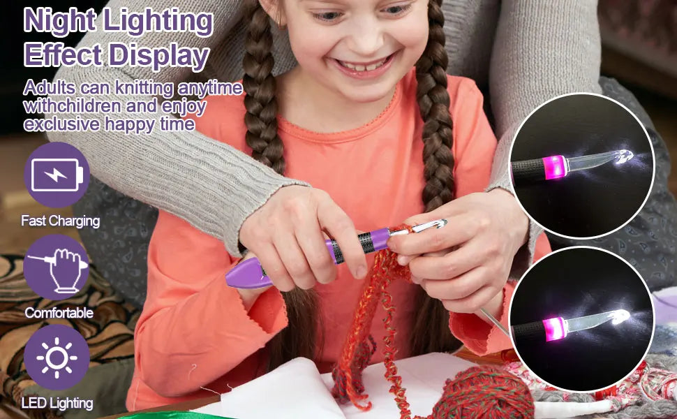 A girl is demonstrating a night lighting effect display using an ergonomic crochet hook set with LED lighting.