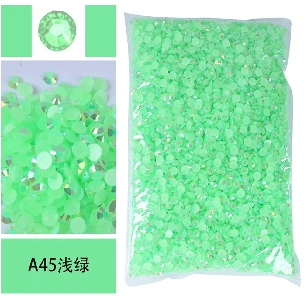 Bag of bright green resin rhinestones for decoration