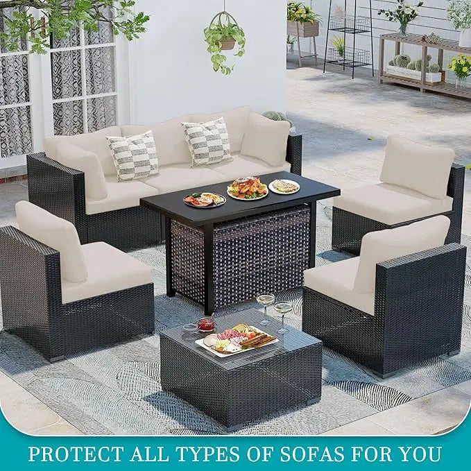 A set of dark wicker outdoor sofa cushions and covers displayed on a gray mat.