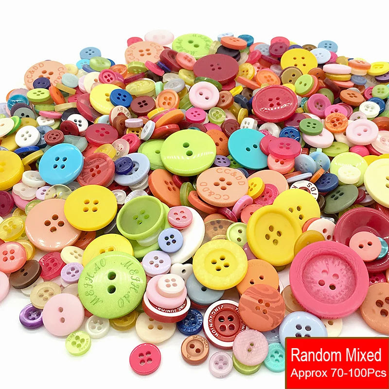 A pile of assorted resin sewing buttons in various colors and shapes for crafting projects