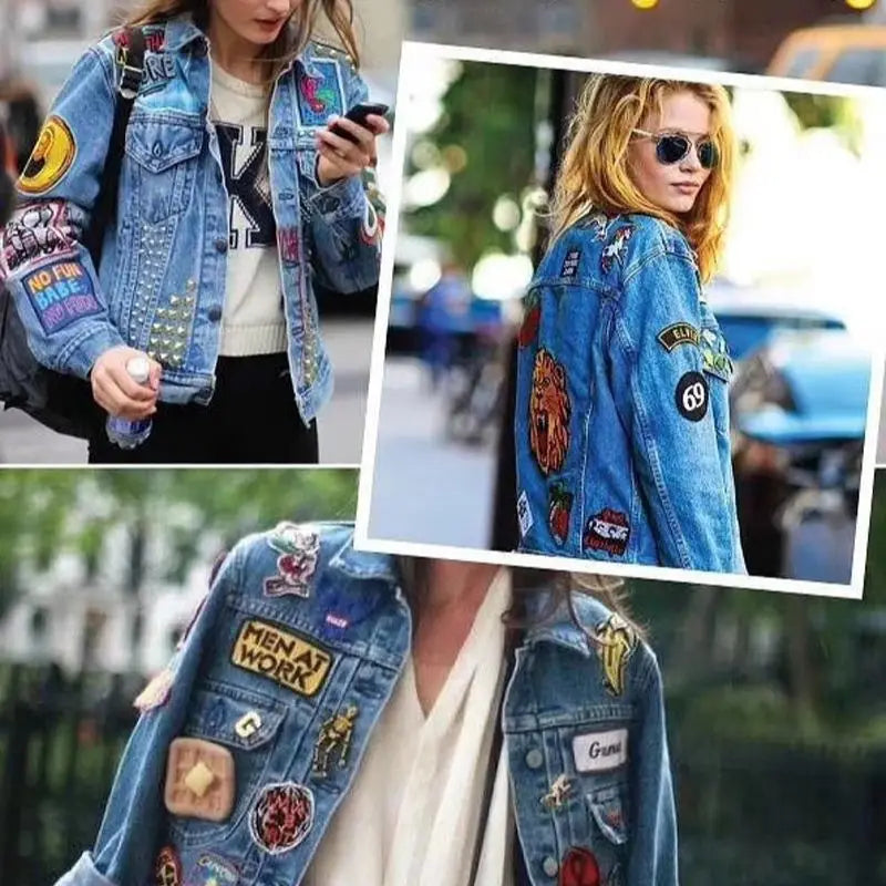 A close-up of a denim jacket decorated with various dinosaur and animal iron-on patches for kids clothing.