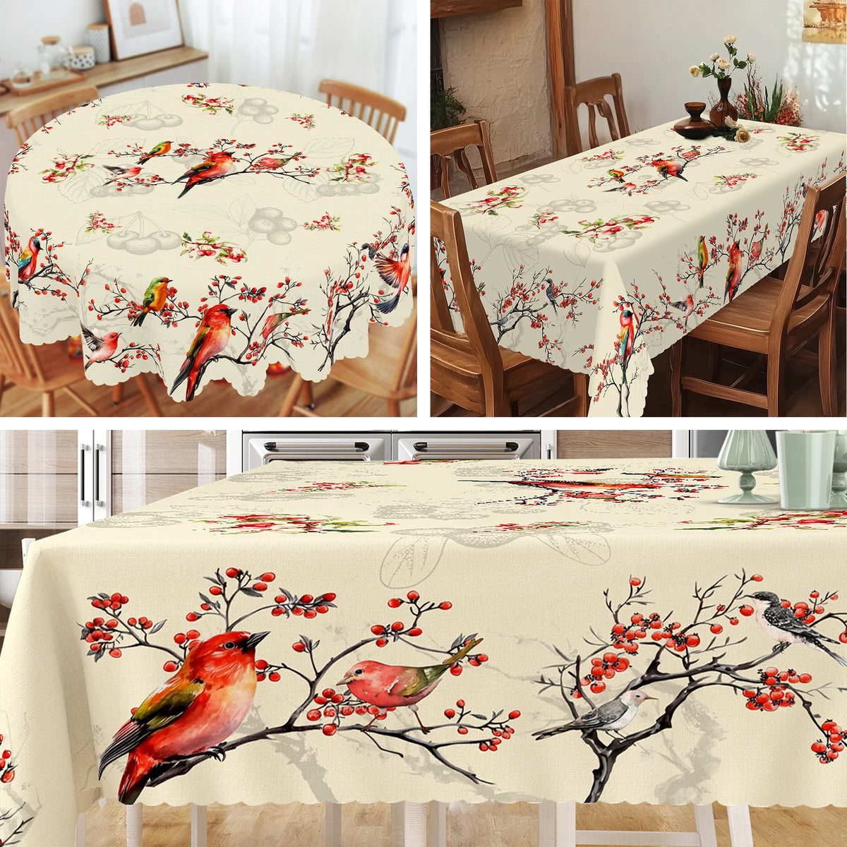 Elegant floral tablecloth featuring red and orange birds on a cream background