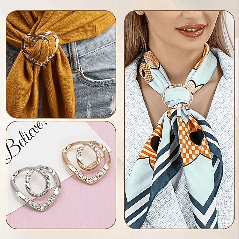 A set of elegant metal rings and a fabric scarf featuring geometric patterns in teal, orange, and navy.