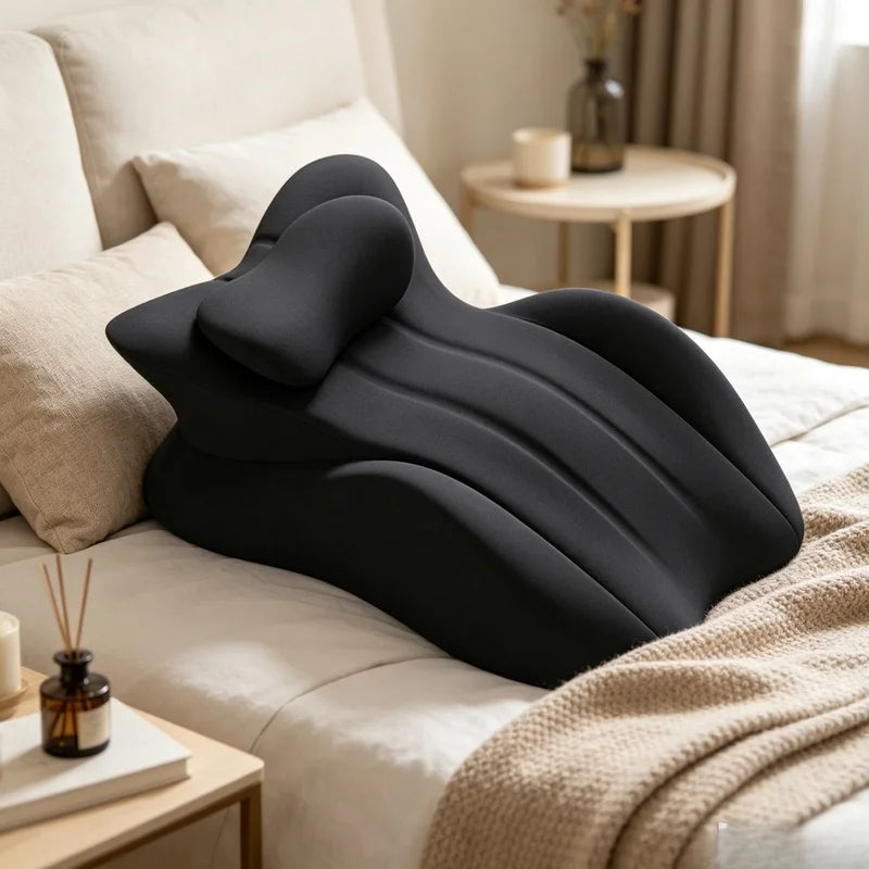 A black multi-positional memory foam wedge pillow resting on a white bed with beige linens.