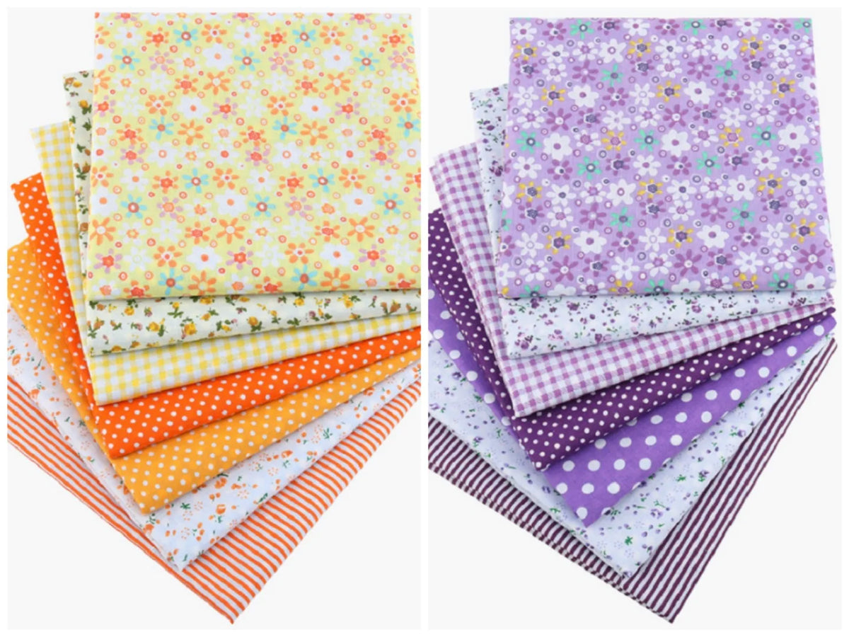 A collection of colorful floral dot pattern cotton fabric squares in various shades of yellow, orange, purple, and green.