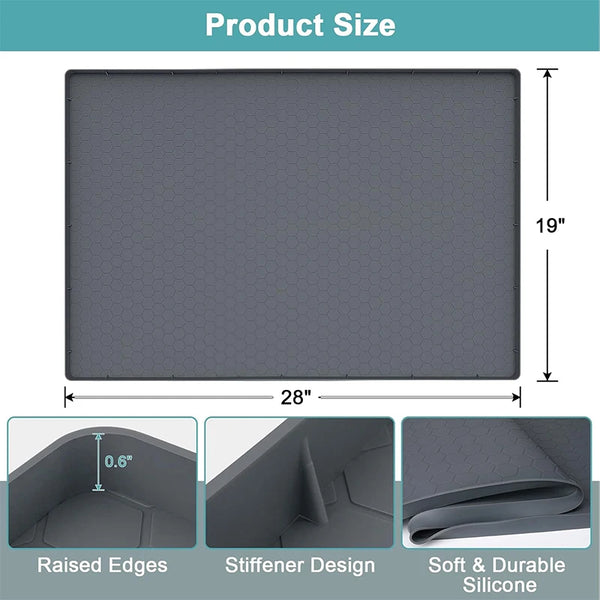 A silicone under sink drain mat showing raised edges, a stiffener design, and soft durable silicone material.