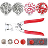 A set of heavy duty metal snap fasteners including various sizes and colors for crafting or repair.