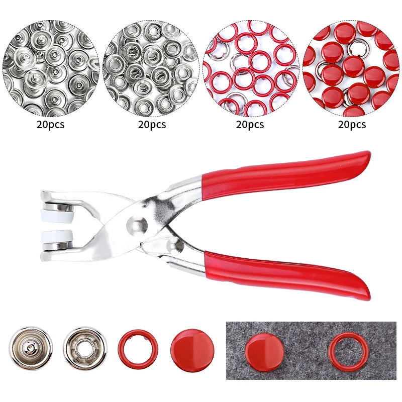 A set of heavy duty metal snap fasteners including various sizes and colors for crafting or repair.