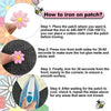 Instructions showing how to iron an embroidery patch on fabric using an iron and heat.