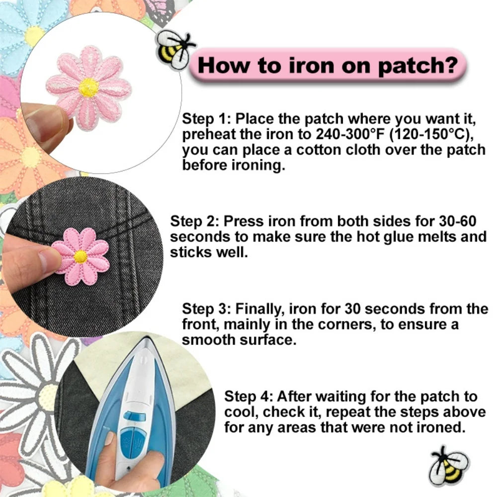 Instructions showing how to iron an embroidery patch on fabric using an iron and heat.