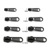A set of black universal zipper repair sliders shown in various lengths from 5mm to 12-13mm.